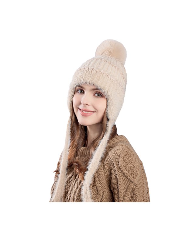 Women Winter Sherpa Beanie Hats Knit Ear Flaps Peruvian Cover Ears Fleece Lined Ski Snow Hat Pompom Outdoor Cold Protection Warm Large Plus Velvet Ear Protection Knitted Wool Hat