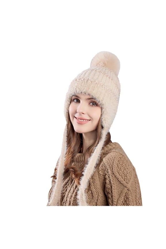 Women Winter Sherpa Beanie Hats Knit Ear Flaps Peruvian Cover Ears Fleece Lined Ski Snow Hat Pompom Outdoor Cold Protection Warm Large Plus Velvet Ear Protection Knitted Wool Hat