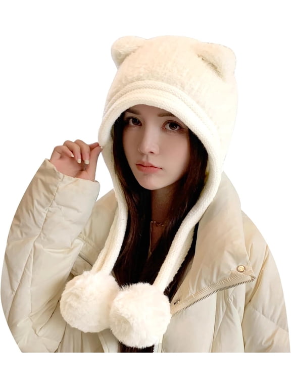 Women Winter Sherpa Beanie Hats Knit Ear Flaps Peruvian Cover Ears Fleece Lined Ski Snow Hat Pompoms
