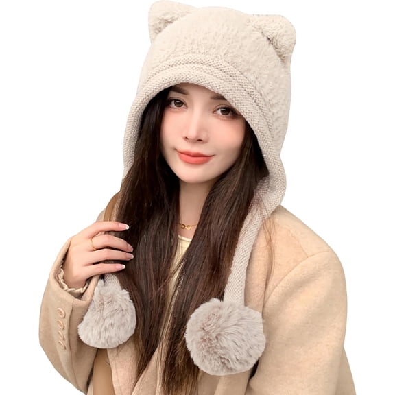 Women Winter Sherpa Beanie Hats Knit Ear Flaps Peruvian Cover Ears Fleece Lined Ski Snow Hat Pompoms
