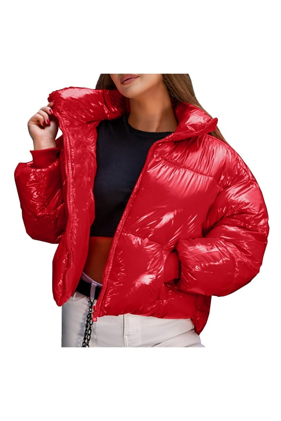 Women Winter Shiny Stand Up Collar Down Coat Long Sleeve Zipper Pocket Overcoat Plus Size Warm Jacket Outwear