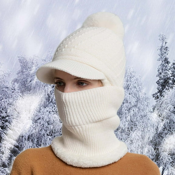 Women Winter Slouchy Knit Warm Hats Wool Cap Scarf Integrated Pullover Cap Cute Outdoor Ear Protection Cap Knitted Hat