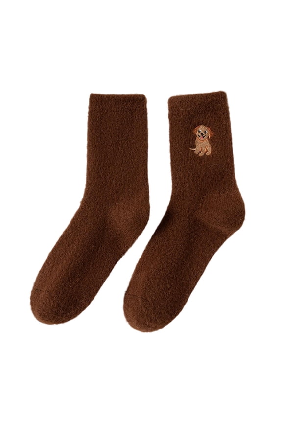 Women Winter Socks Embroidered Puppy Design Fleece Lined Thick Warm Mid Calf Socks Cozy Fuzzy Animal Socks Cute Kawaii Style for Gifting