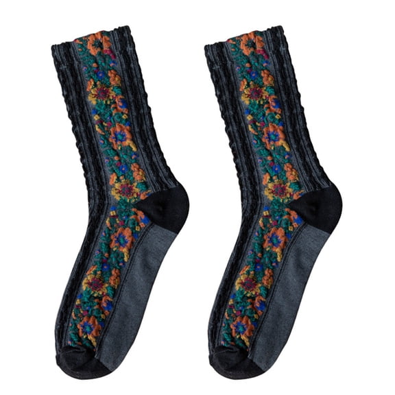 Women Winter Socks, Fashion Vintage Floral Pattern Stretch Soft Skin-friendly Cotton Knitted Autumn Winter Feet Warm Middle Tube Socks