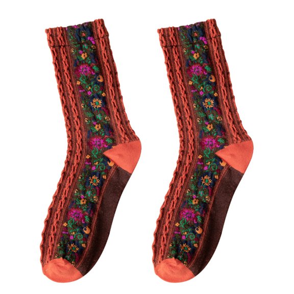 Women Winter Socks, Fashion Vintage Floral Pattern Stretch Soft Skin-friendly Cotton Knitted Autumn Winter Feet Warm Middle Tube Socks
