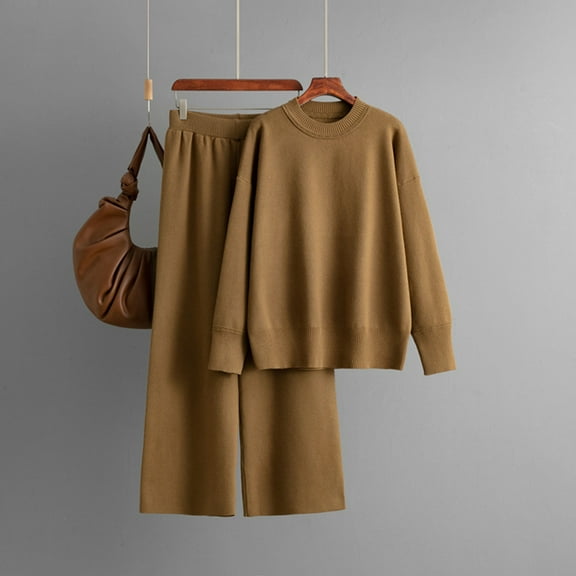Women Winter Soft Loungewear Sets Long Sleeve Knitted Pullover Sweater Elastic Waist Wide Leg Pant 2 Piece Outfits New Outfits for Women 2 Piece Sets Dressy Brown One Size