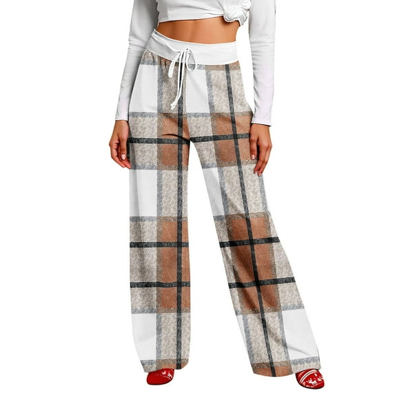 Women Winter Soild Color Pants Full Length Long Trousers Sports Pants with Plaid Print and Drawstring for Classic and Warm Wear,Khaki,3XL