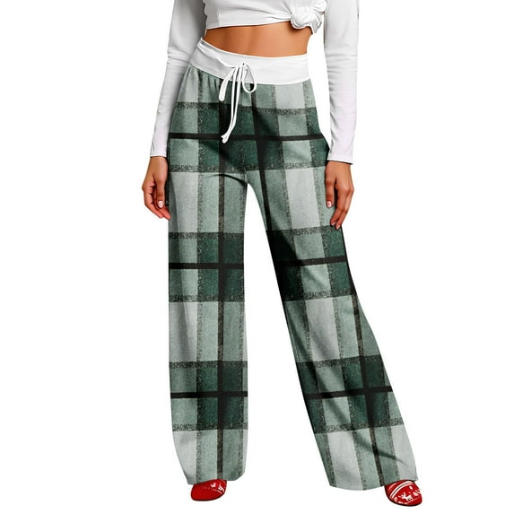 Women Winter Soild Color Pants Full Length Long Trousers Sports Pants with Plaid Print and Drawstring for Classic and Warm Wear,Light Green,XL