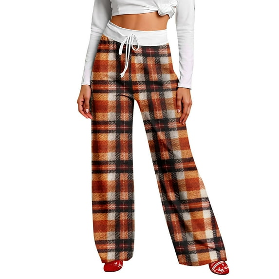 Women Winter Soild Color Pants Full Length Long Trousers Sports Pants with Plaid Print and Drawstring for Classic and Warm Wear,Saffron,L