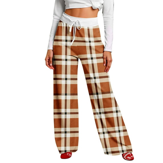 Women Winter Soild Color Pants Full Length Long Trousers Sports Pants with Plaid Print and Drawstring for Comfortable and Chic Look,Ginger,M