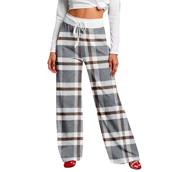 Women Winter Soild Color Pants Full Length Long Trousers Sports Pants with Plaid Print and Drawstring for Comfortable and Chic Look,Gray,S