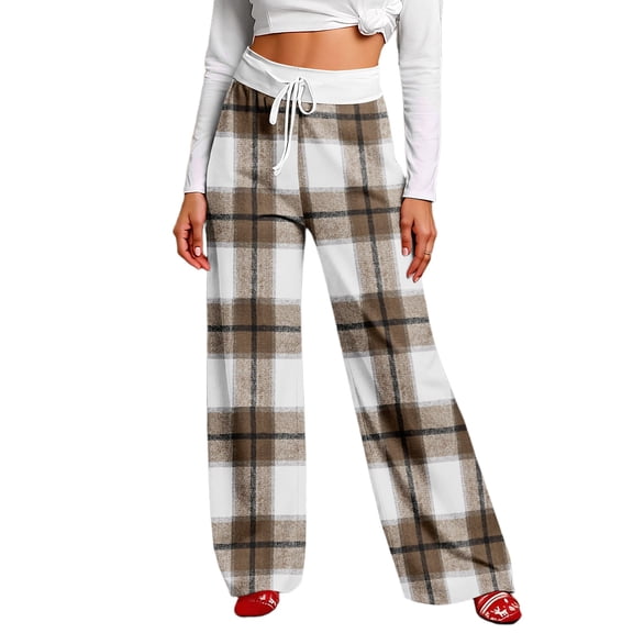 Women Winter Soild Color Pants Full Length Long Trousers Sports Pants with Plaid Print and Drawstring for Everyday Casual Style,Camel,S