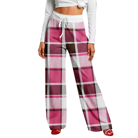 Women Winter Soild Color Pants Full Length Long Trousers Sports Pants with Plaid Print and Drawstring for Everyday Casual Style,Hot Pink,M