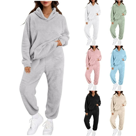 Women Winter Solid Color Clothing Hooded Long Sleeves Patch Pocket Casual Pants Home Two Piece Set