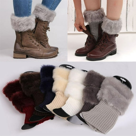 Women Winter Solid Color Short Knit Leg Warmers Boot Socks Toppers Fluffy Cuffs