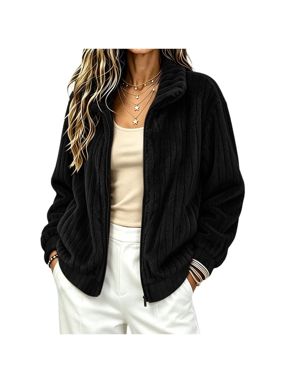 Women Winter Solid Loose Stand Collared Full‑Zip Vertical Stripe Double‑Sided Fleece Warm Jacket