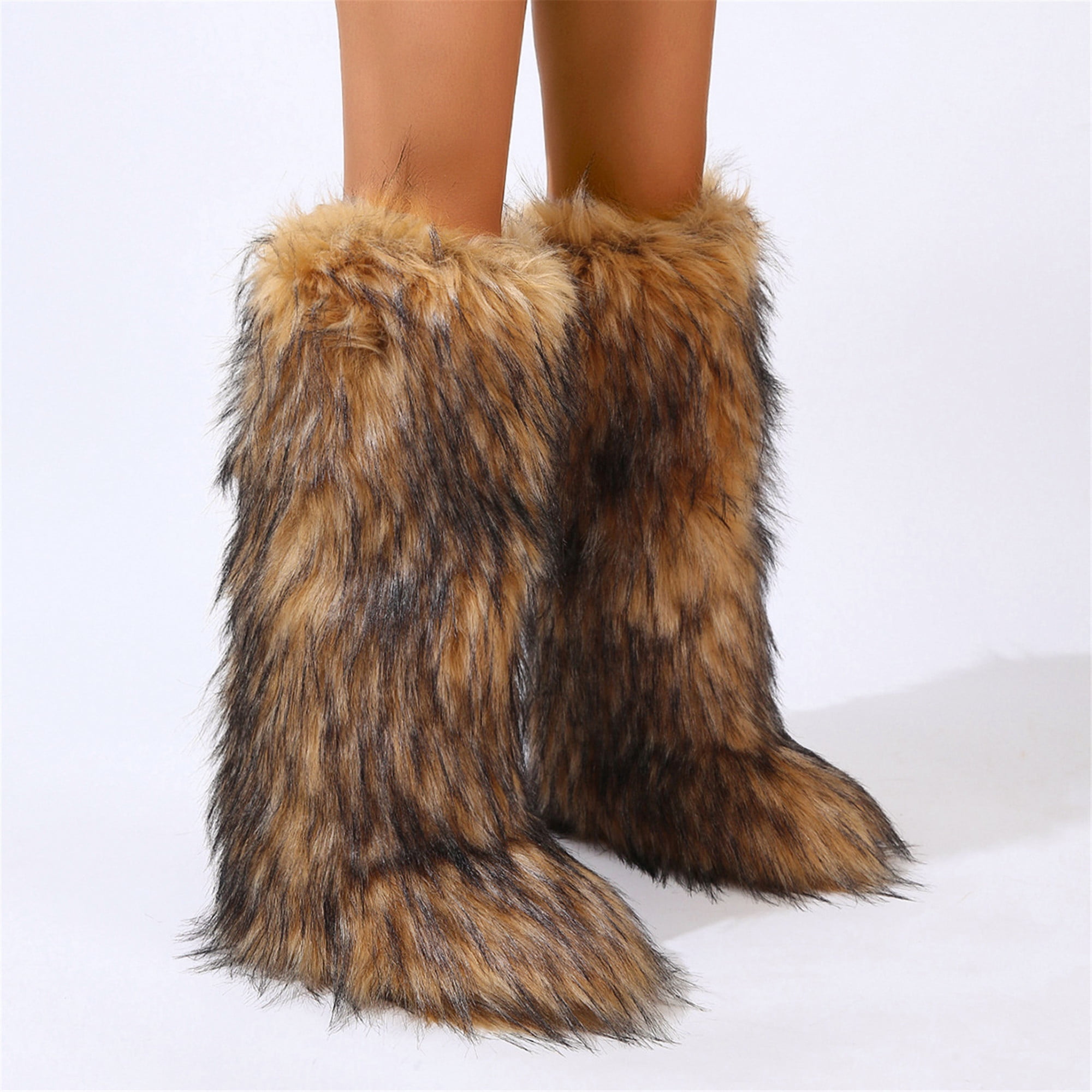 Realistic Snow Boot Women Winter Fluffy Faux Fur Knee High Snow Boots Solid Non-slip PVC ...