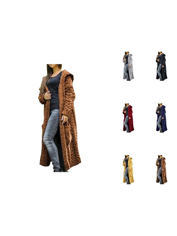 Boho Open Front Cardigan for Women Long Sleeve Chic Women's Cardigan Women Winter Solid Solid Knitted Loose Hooded Long Cardigan Sweater Pocket Coat