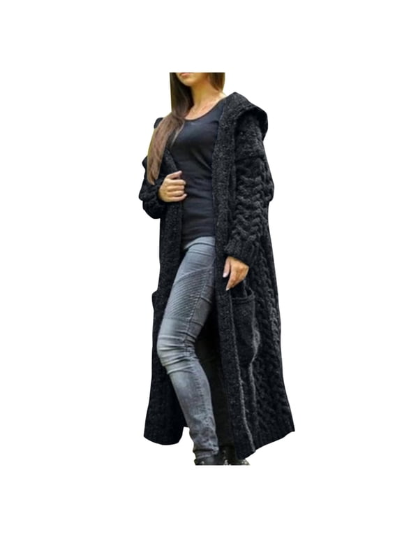 Women Winter Solid Solid Knitted Loose Hooded Long Cardigan Sweater Pocket Coat