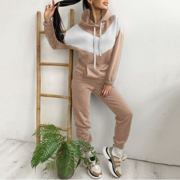 Women Winter Stitching Color Tracksuit Long Sleeve Hoodies Loose Trousers Suit Two Piece Set Clothing Snow Pants Womens Tall Pant Suit Women Dressy Petite Stylish Jumpsuits for Women Pantsuit for