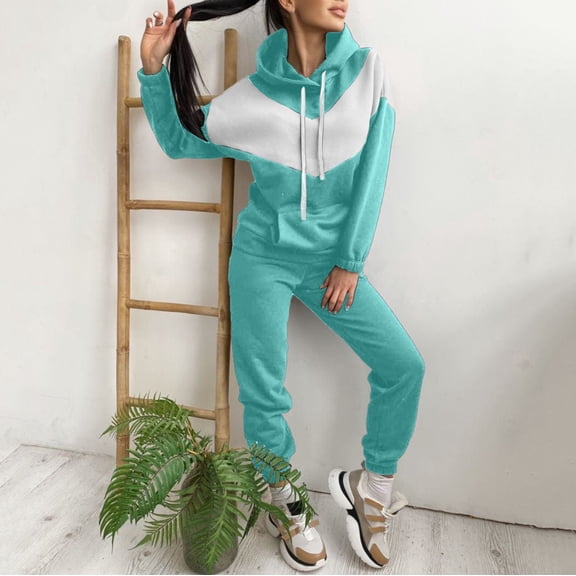 Women Winter Stitching Color Tracksuit Long Sleeve Hoodies Loose Trousers Suit Two Piece Set Clothing plus Size Jumpsuit Women Ski Pants Suspenders Ski Gear Womens 1800 Women Suits for Work Ladies