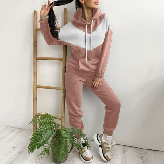 Women Winter Stitching Color Tracksuit Long Sleeve Hoodies Loose Trousers Suit Two Piece Set Clothing plus Size Jumpsuit Women Ski Pants Suspenders Ski Gear Womens 1800 Women Suits for Work Ladies