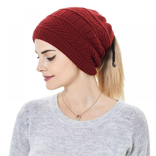Women Winter Stretchy Soft Knitted Beanie Hat with Ponytail Hole,2in 1