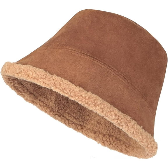 Women Winter Suede Bucket Hat Double-Side-Wear Reversible Fisherman Hat Faux Fur Teddy Style Warm Hat Lambskin Outdoor Cap