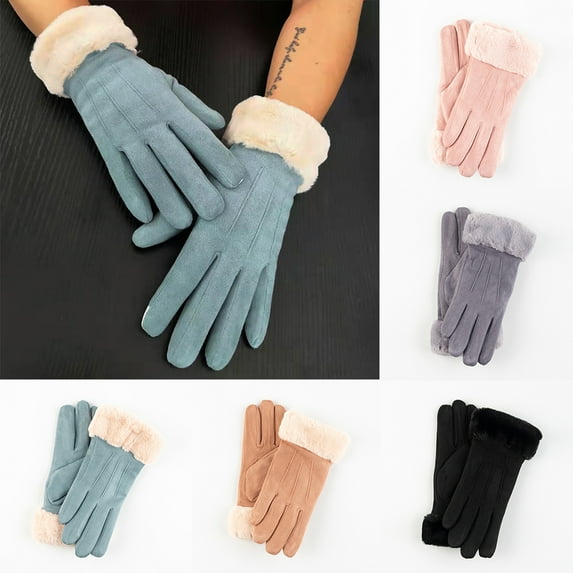 Women Winter Suede Thick Fleece Lined Touch Screen Warm Outdoor Sports Gloves