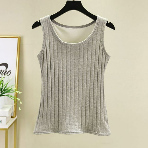 Women Winter Tank Tops Warm Stretchy Round Neck Solid Color Thick Fleece-lined Sleeveless Wide Straps Fall Camisole Casual Trendy Comfy Plain Underwear Lounge Blouse