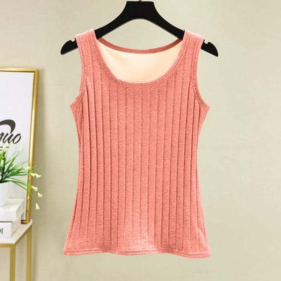 Women Winter Tank Tops Warm Stretchy Round Neck Solid Color Thick Fleece-lined Sleeveless Wide Straps Fall Camisole Casual Trendy Comfy Plain Underwear Lounge Blouse