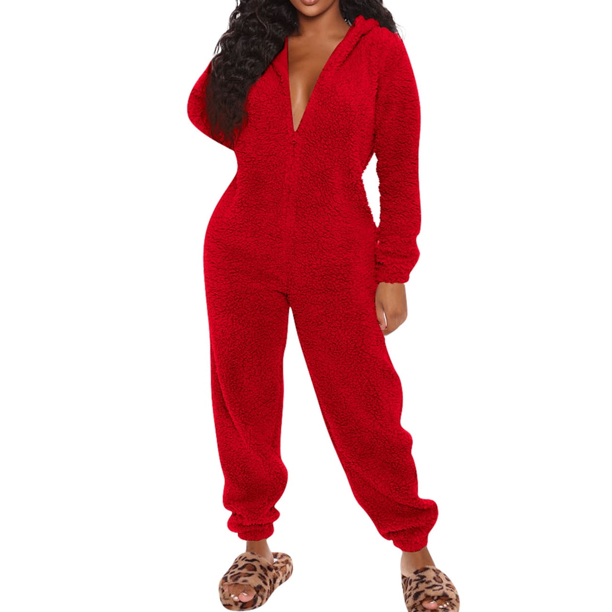 Women Winter Thermal Fleece Jumpsuit Long Sleeve Zip Up Hooded Bodysuit