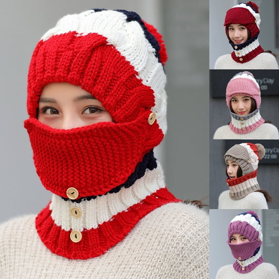 Women Winter Thick Knitted Beanie Cap Warm Neck Gaiter Outdoor Hat Scarf Set