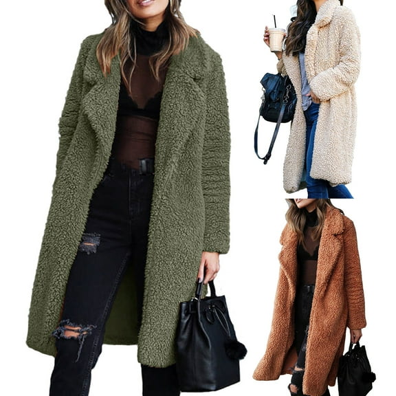 Women Winter Thicken Plush Lapel Solid Color Long Sleeve Warm Cardigan Midi Coat