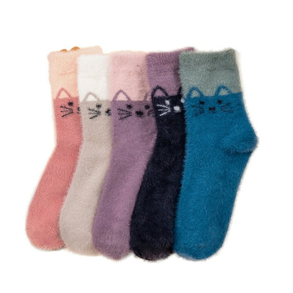 Women Winter Thickened Warm And Comfortable Imitation Velvet Cute Style Cartoon Cat Pattern Mid Calf Socks