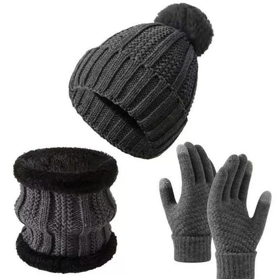 Women Winter Touchscreen Gloves and Hat Set, 3 Pcs Khaki by Mucky Cat - Beanies Knit Classic Neck Warmer