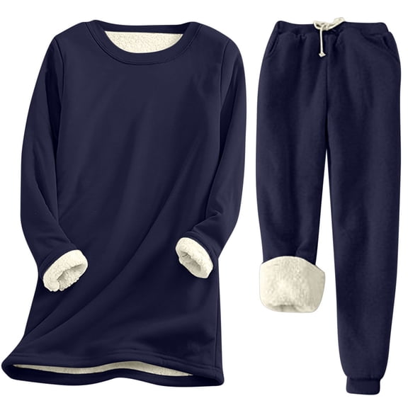 Women Winter Velvet Thickened Cold Proof And Warm Casual Solid Color Long Sleeved Round Neck Drawstring Trousers Suit
