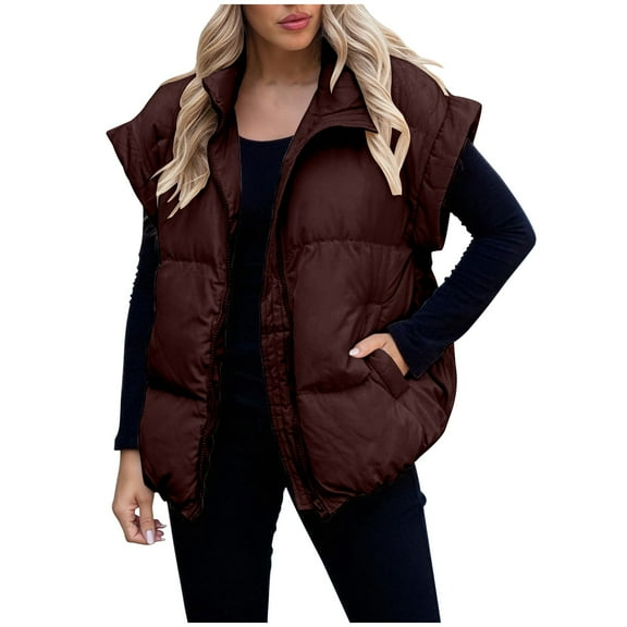 Women Winter Vest Quilted Puffer Vests Parka Sleeveless Jacket Cap Sleeve Outwear V Neck Shacket Jackets Full Zip Outfits Thicken Warm Outerwear Comfy Casual Cardigan Peacoat