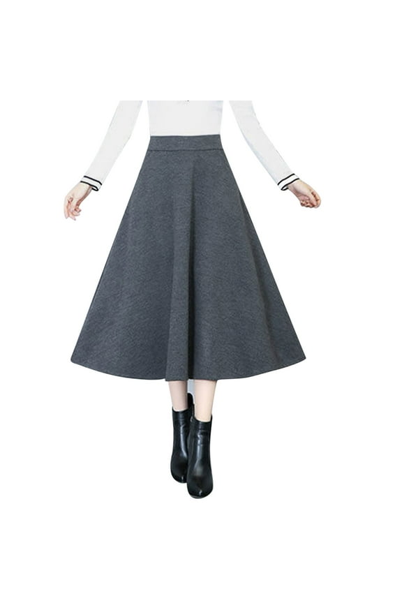 Women Winter Vintage High Elastic Waist A-Line Pleated Wool Midi Skirt Lady Skirt Vacation Holiday Female Dailywear