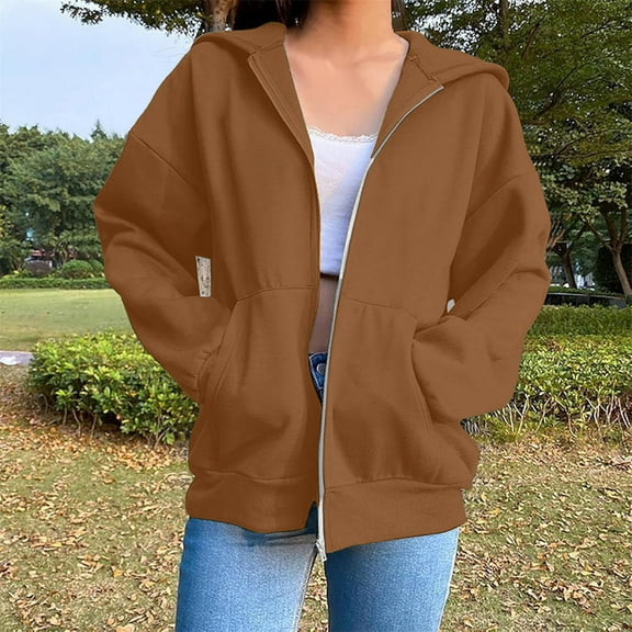 Women Zip Up Sweatshirt Oversized Fleece Casual Loose Long Sleeve Hooded with Pocket Plus Size Fall Winter Warm Comfy Soft Lightweight Outerwear