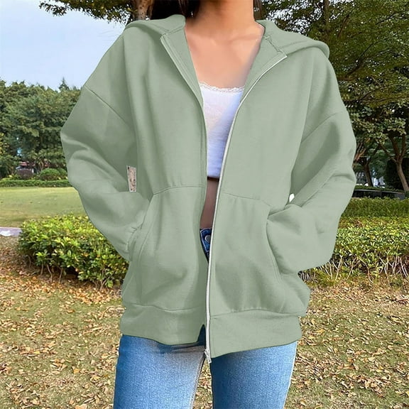 Women Zip Up Sweatshirt Oversized Fleece Casual Loose Long Sleeve Hooded with Pocket Plus Size Fall Winter Warm Comfy Soft Lightweight Outerwear