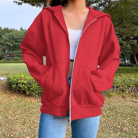 Women Zip Up Sweatshirt Oversized Fleece Casual Loose Long Sleeve Hooded with Pocket Plus Size Fall Winter Warm Comfy Soft Lightweight Outerwear