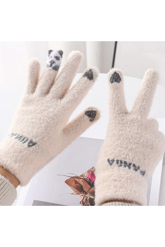 Women Winter Warm Cozy Soft Thick Fleece Fluffy Fuzzy Touchscreen Gloves Panda, Beige