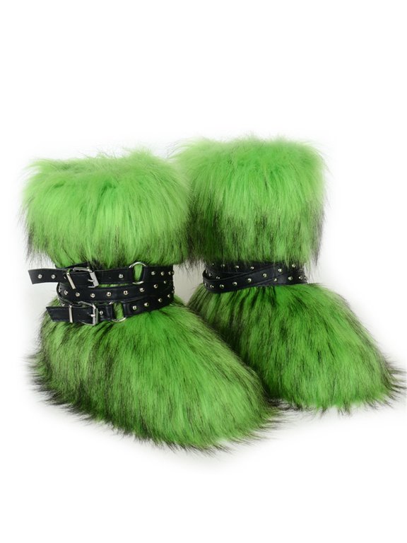 Women Winter Warm Fluffy Faux Fur Mid-Calf Snow Boots Y2K Non-slip Plush Short Boots with Belts