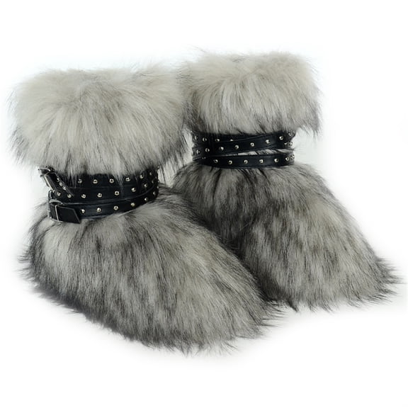 Women Winter Warm Fluffy Faux Fur Mid-Calf Snow Boots Y2K Non-slip Plush Short Boots with Belts