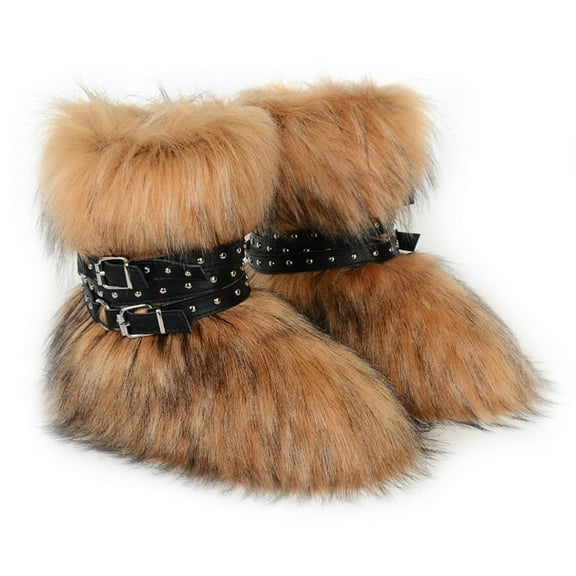 Women Winter Warm Fluffy Faux Fur Mid-Calf Snow Boots Y2K Non-slip Plush Short Boots with Belts