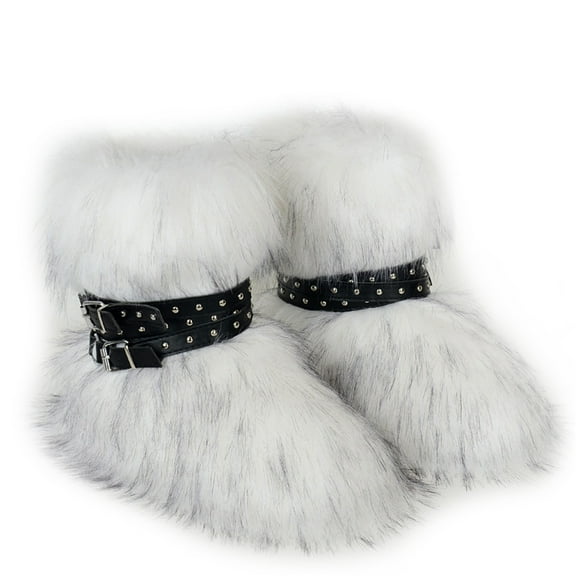 Women Winter Warm Fluffy Faux Fur Mid-Calf Snow Boots Y2K Non-slip Plush Short Boots with Belts