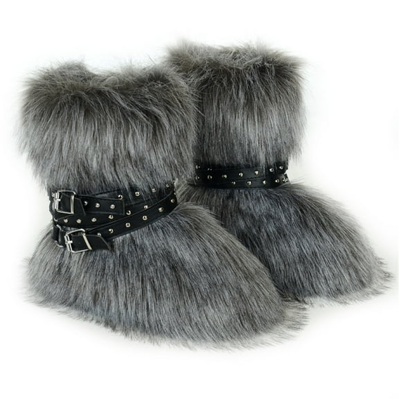 Women Winter Warm Fluffy Faux Fur Mid-Calf Snow Boots Y2K Non-slip Plush Short Boots with Belts
