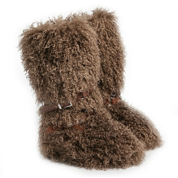 Women Winter Warm Fluffy Faux Mogolian Fur Mid-Calf Snow Boots Y2K Non-slip Plush Short Boots with Belts