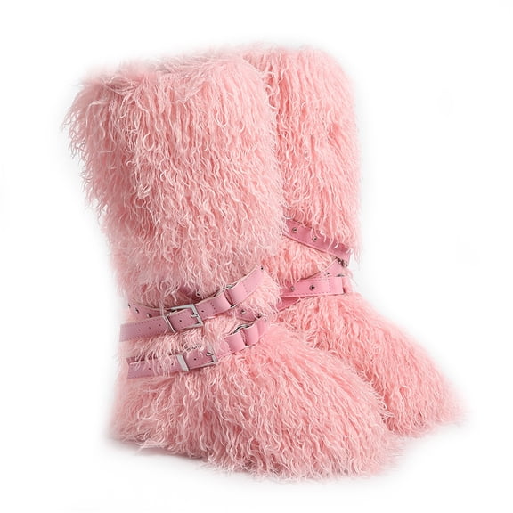 Women Winter Warm Fluffy Faux Mogolian Fur Mid-Calf Snow Boots Y2K Non-slip Plush Short Boots with Belts